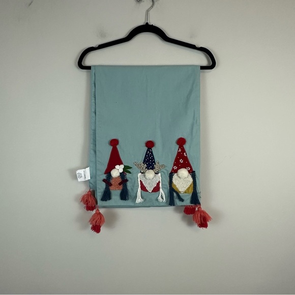 Christmas Table Runner Holiday Blue Teal Embroidered Gnomes 13 In X 72 Pom Pom - Picture 1 of 5